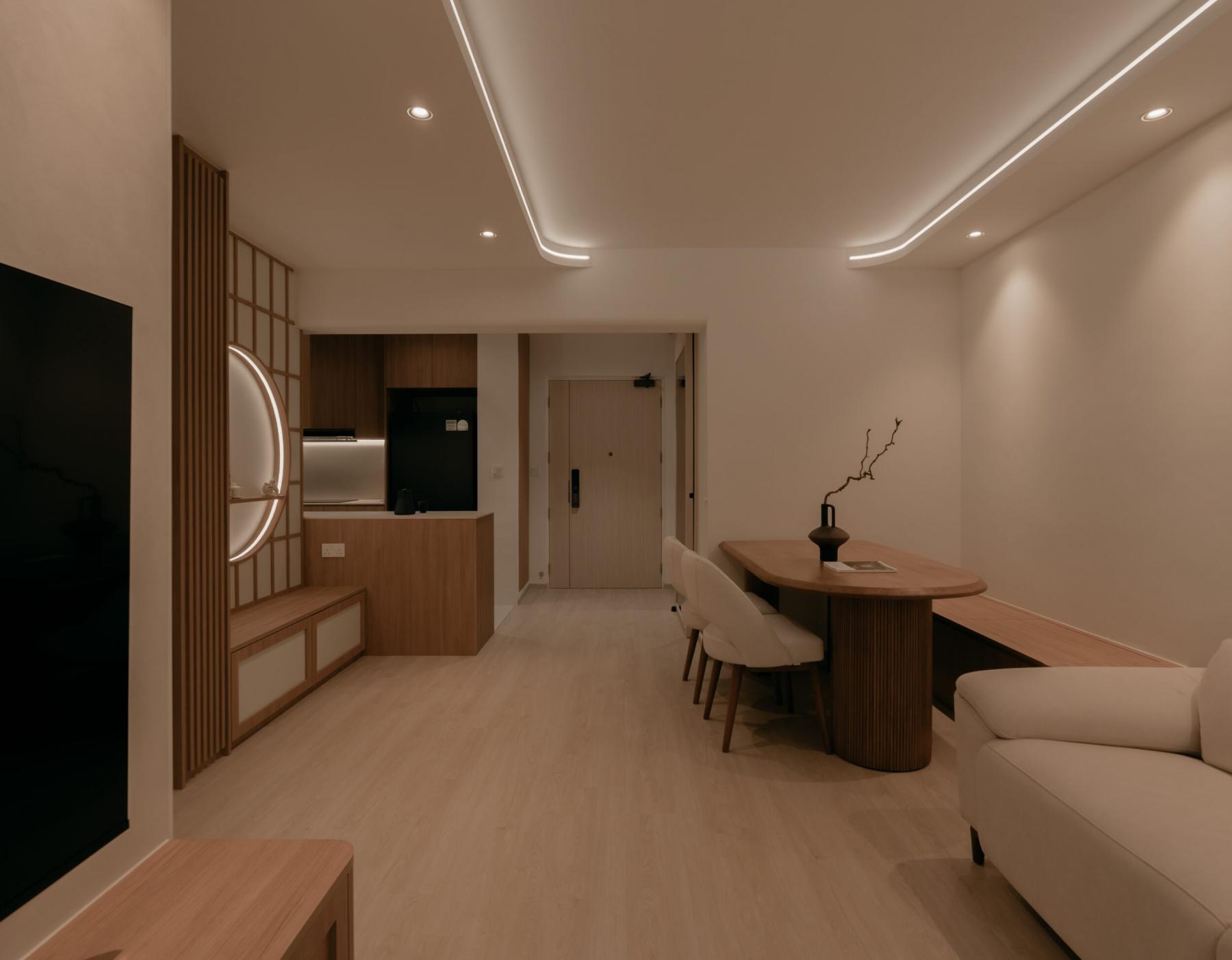 Modern Dining Room with Kitchen Island and Cove Lighting