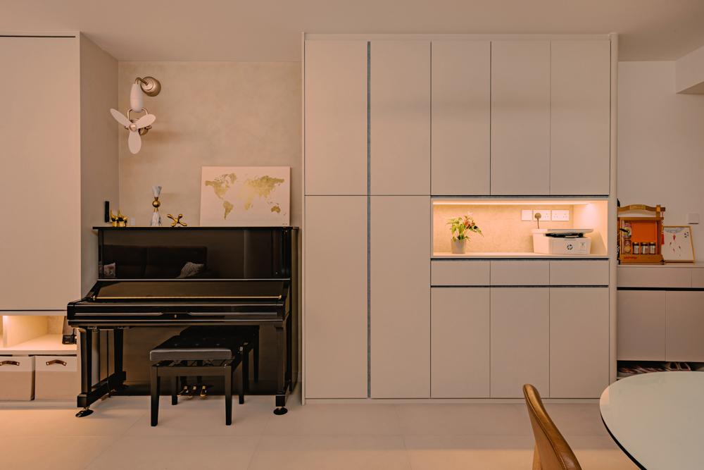 Minimalist Living Room with Homogeneous Tiles and Storage Cabinets