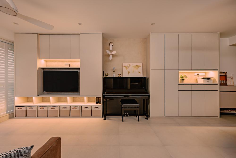 Minimalist Living Room with Bookshelf and Homogeneous Tiles
