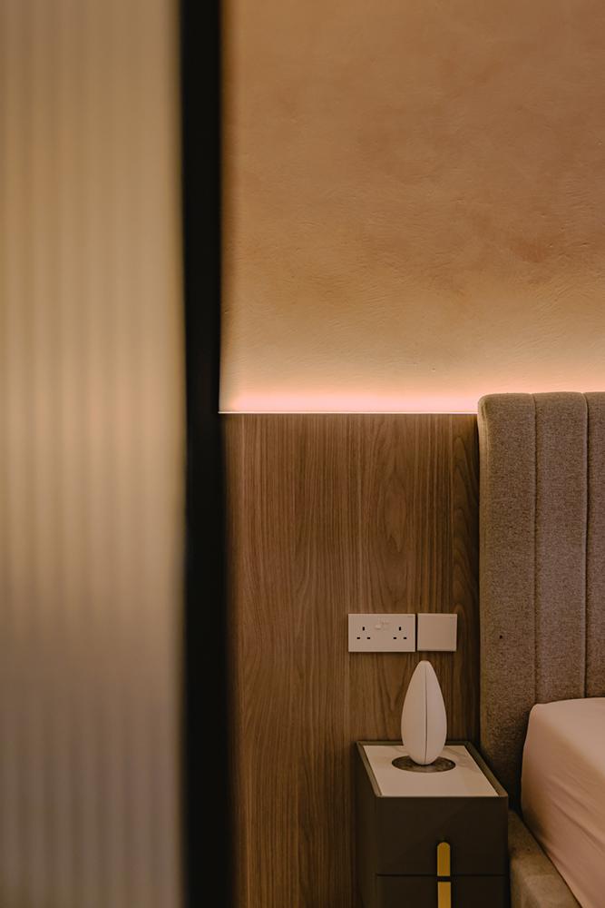 Minimalist Bedroom with Feature Wall and Wood Feature Wall