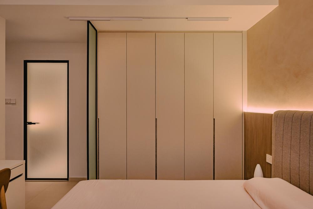 Minimalist Bedroom with Feature Wall and Glass Door