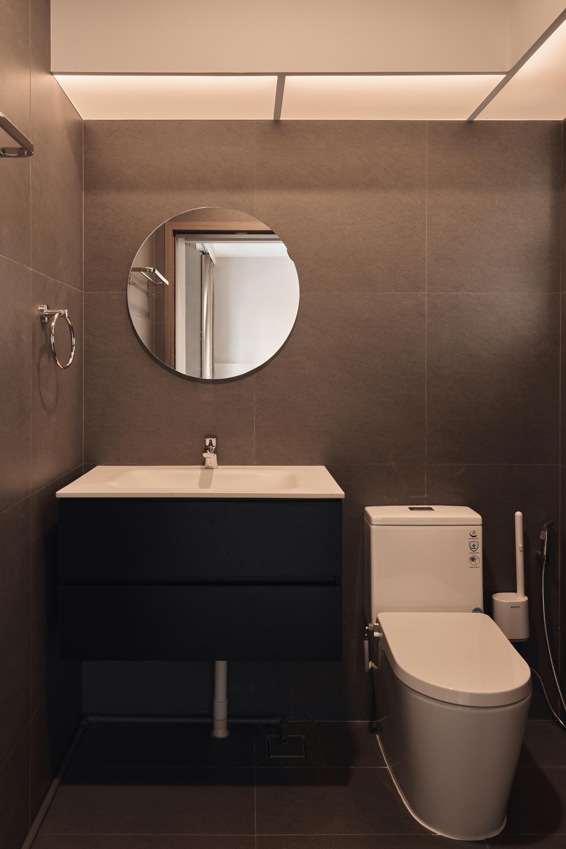 Minimalist Bathroom with Bathroom Storage and Bathroom Sinks