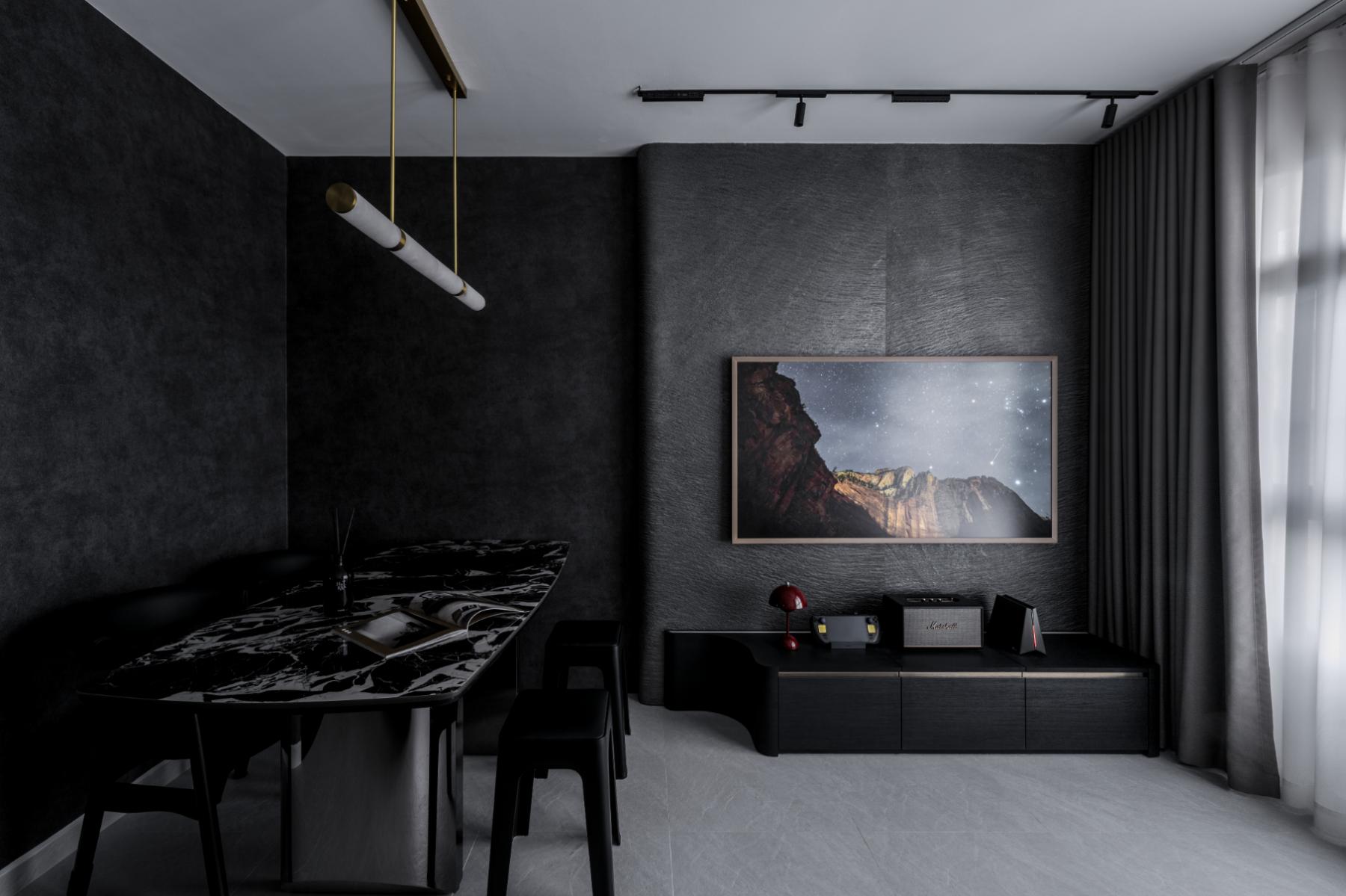 Minimalist Living Room with TV Console and Blinds