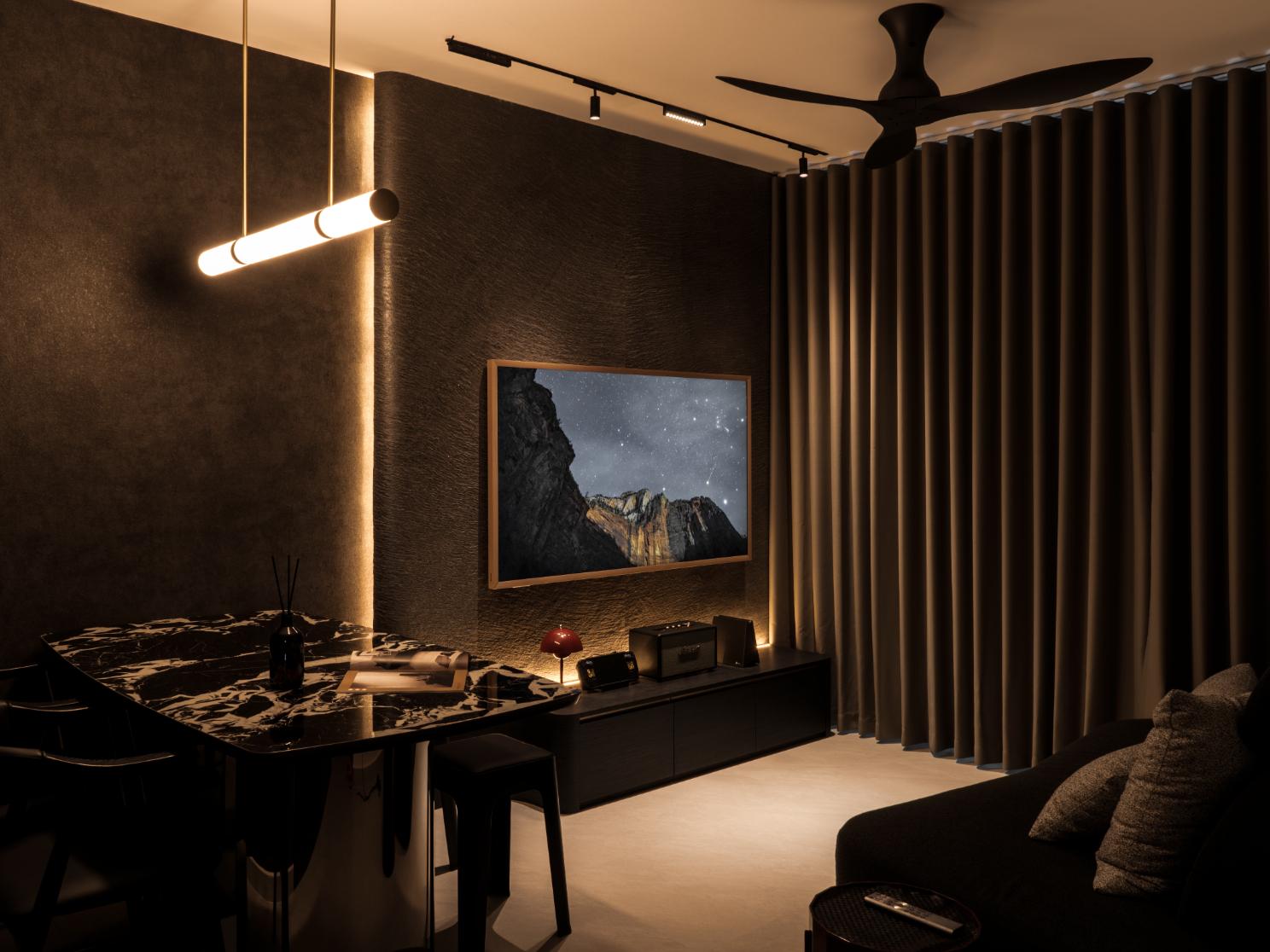 Minimalist Living Room with TV Console and Blinds