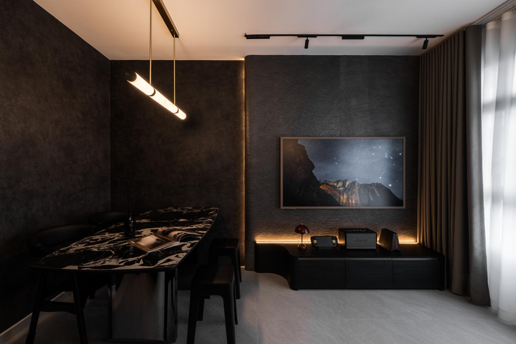 Minimalist Living Room with TV Console and Blinds