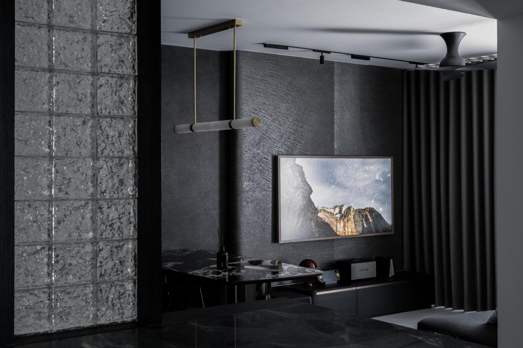 Minimalist Living Room with TV Console and Blinds