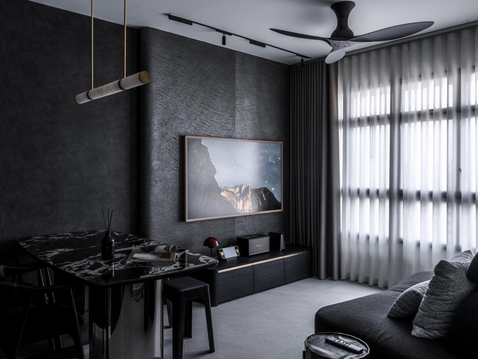 Minimalist Living Room with TV Console and Blinds