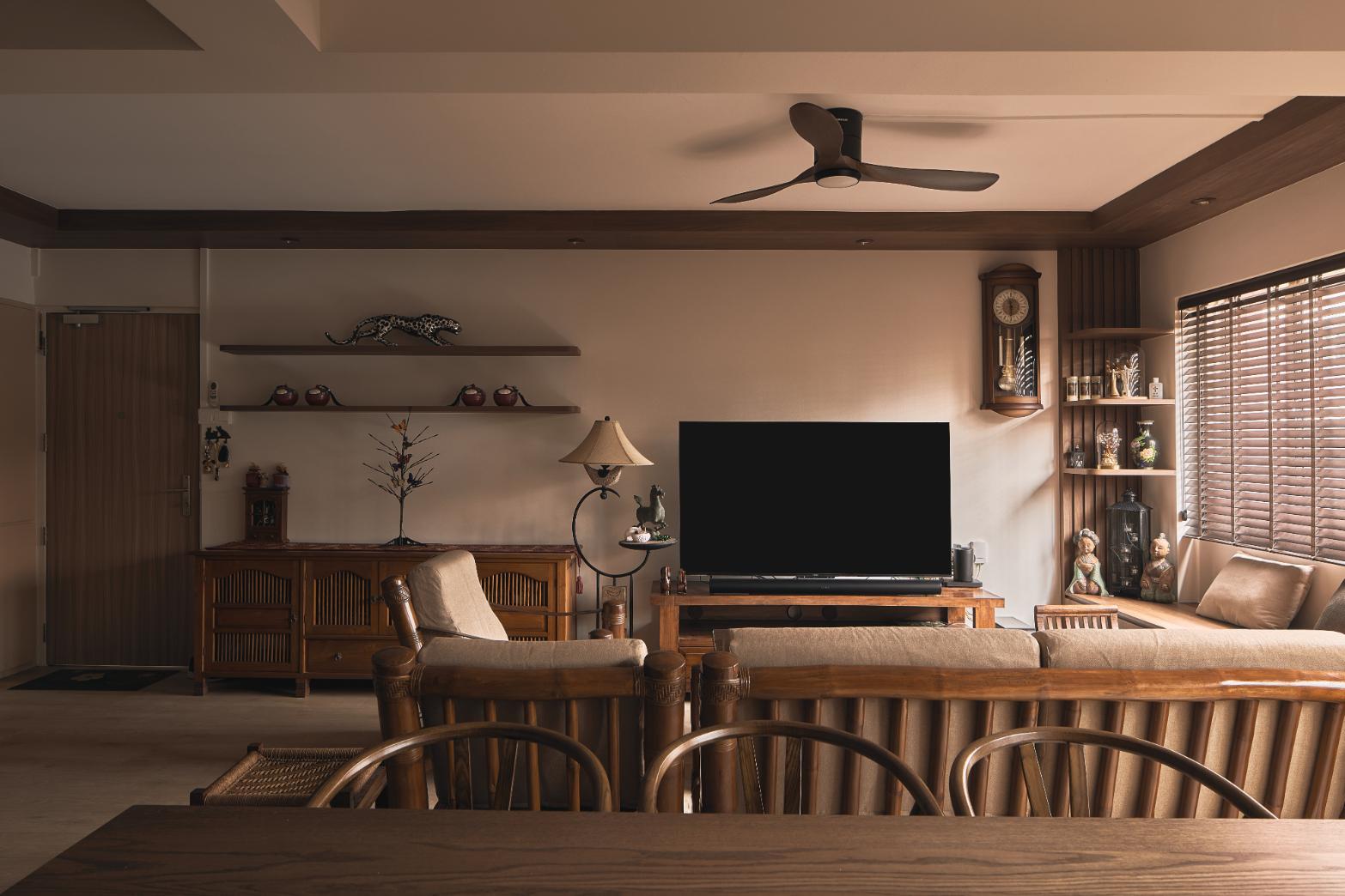 Contemporary Living Room with Display Cabinets and Blinds
