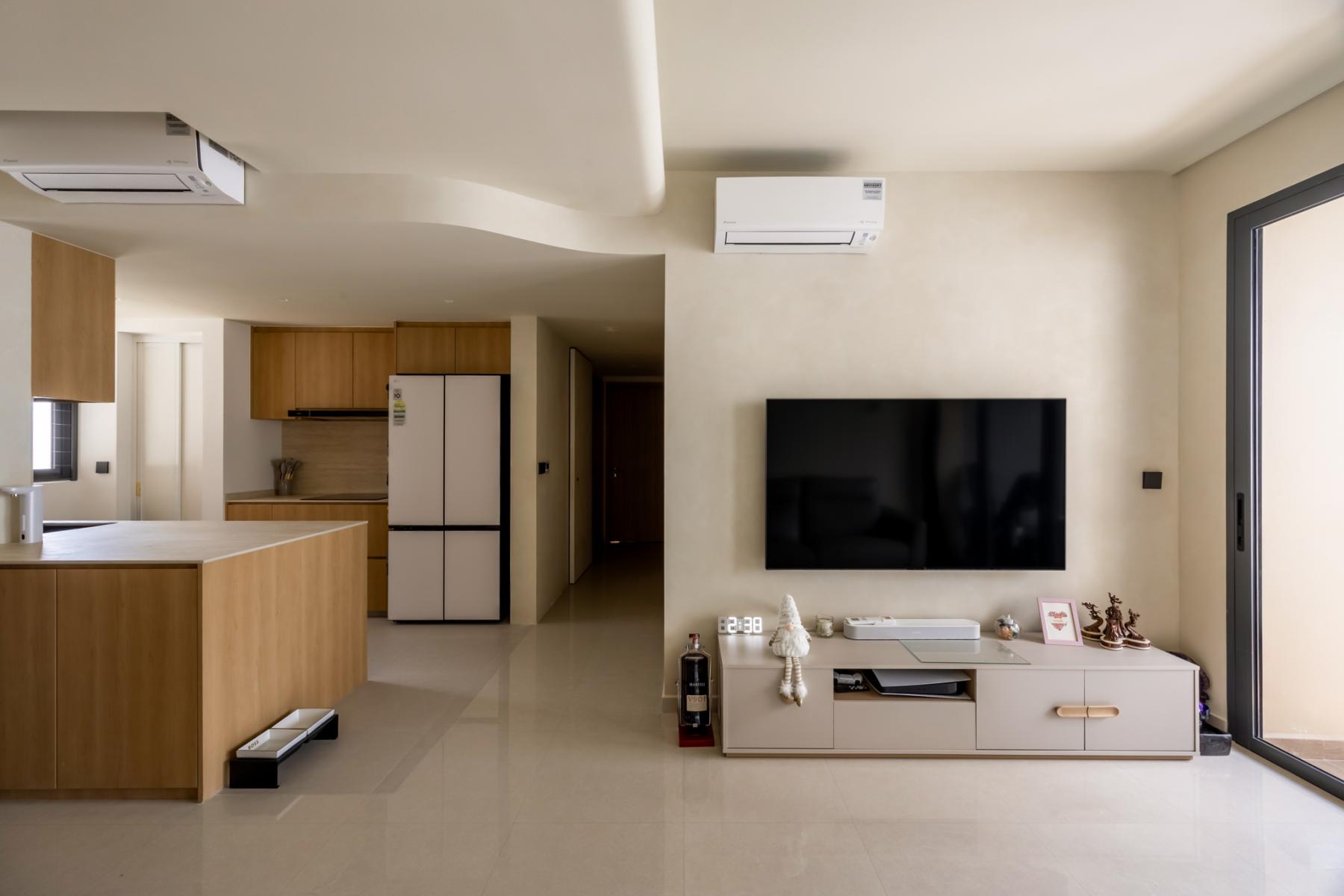 Asian Living Room with TV Console and Doors