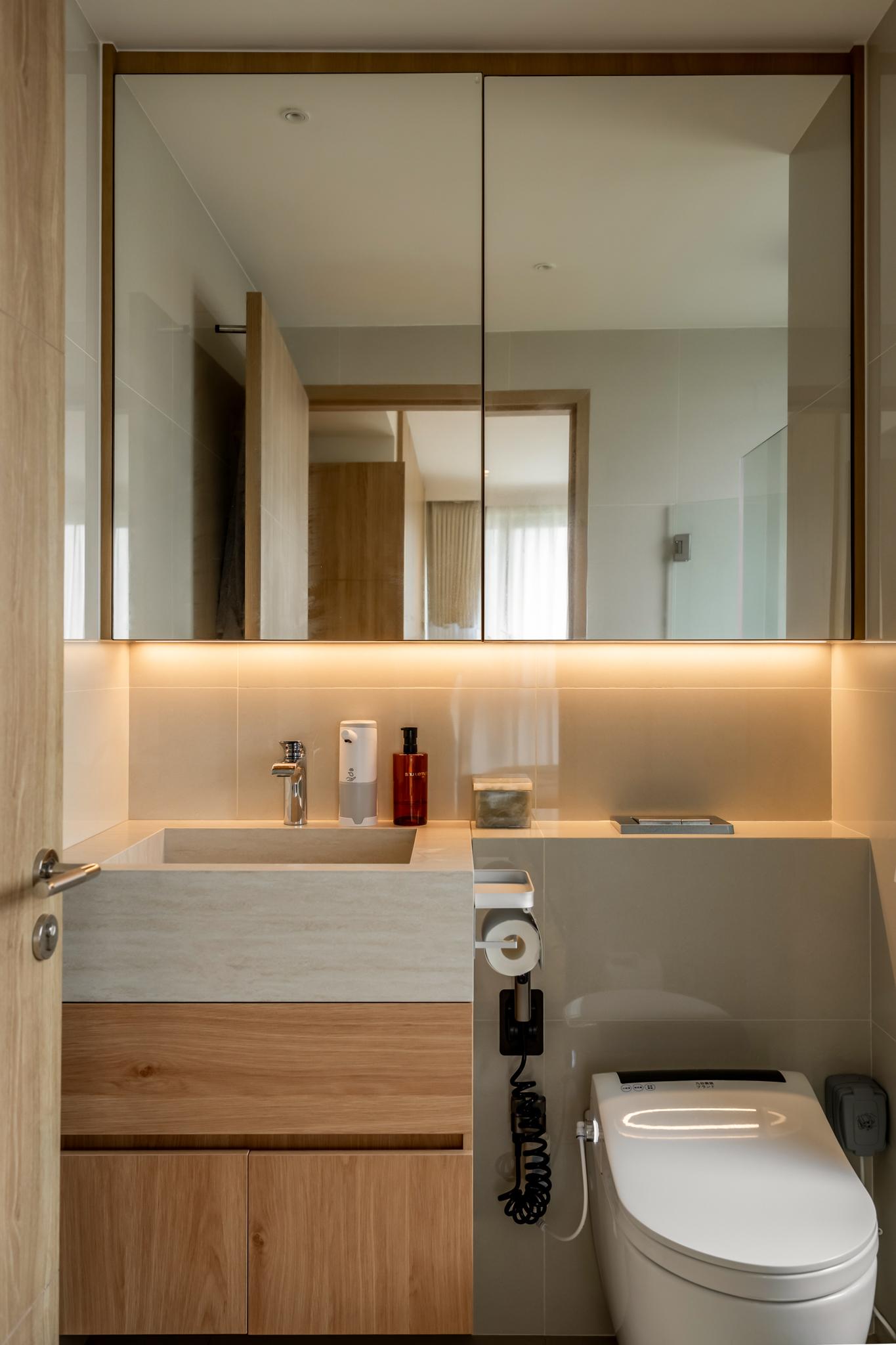 Asian Bathroom with Mirror and Bathroom Storage