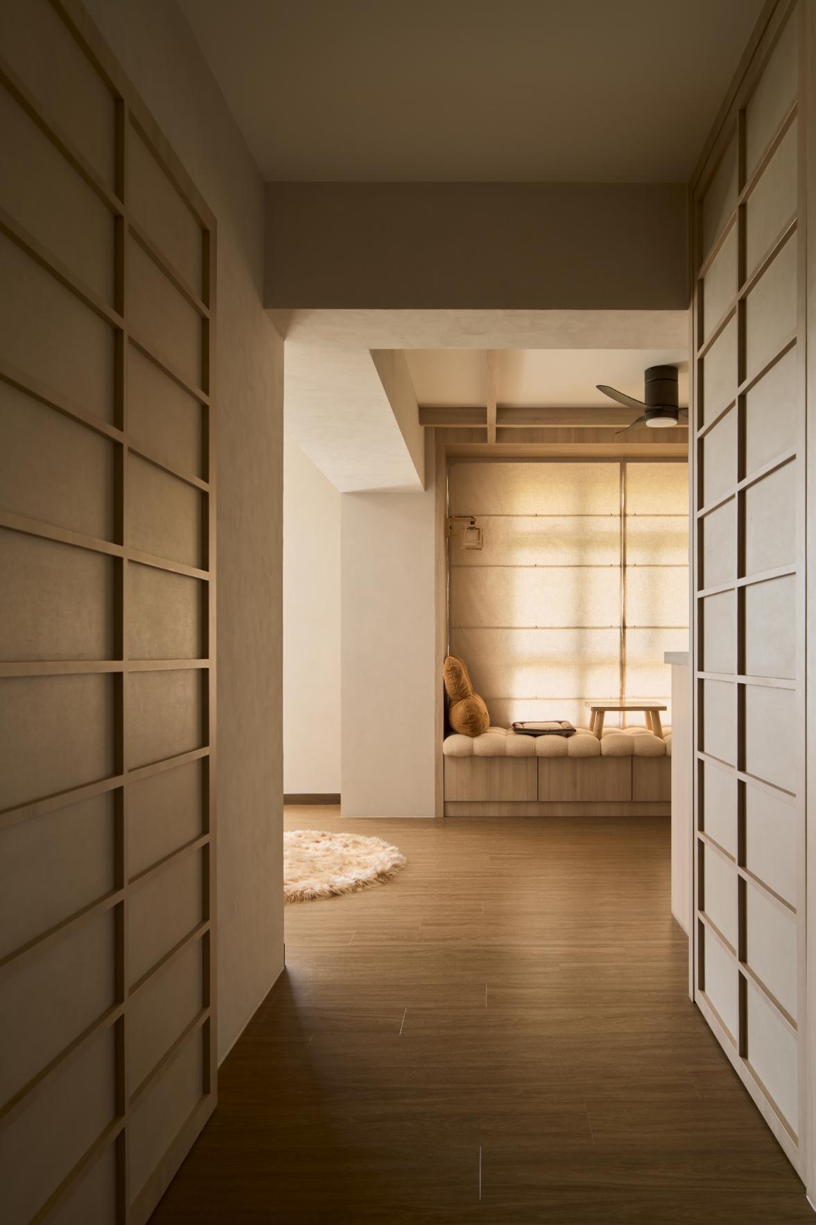 Scandinavian Hallway with Wood Flooring and Console Table