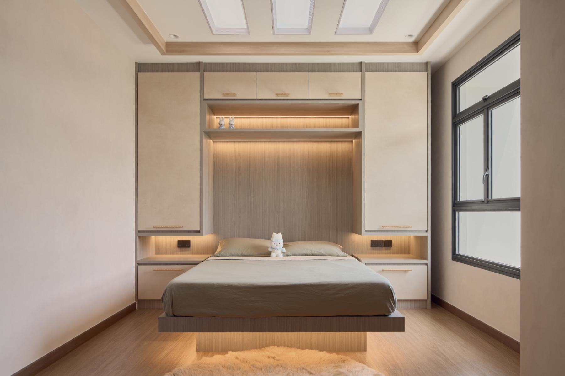 Scandinavian Bedroom with Storage Cabinets and Queen Bed