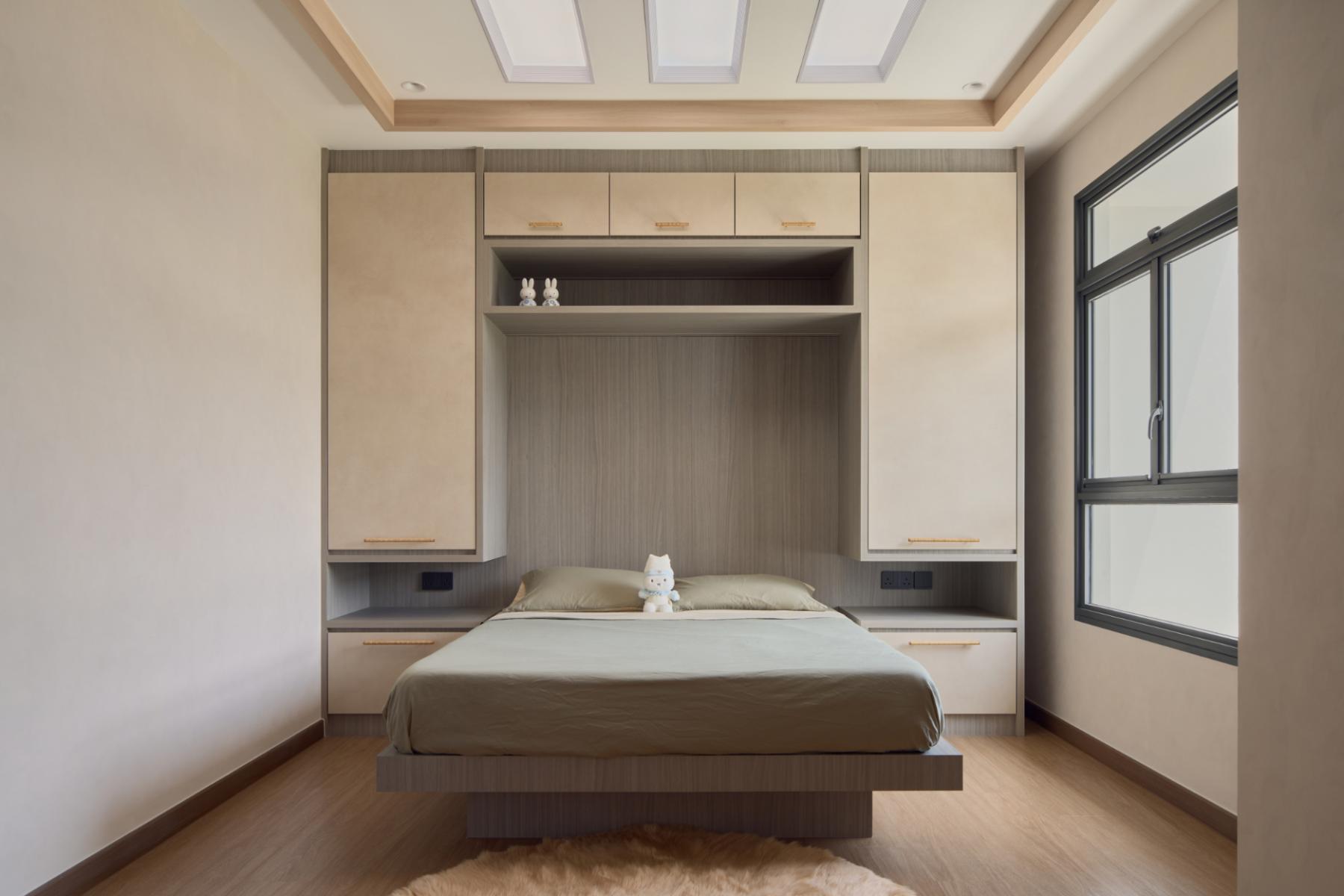 Scandinavian Bedroom with Storage Cabinets and Queen Bed