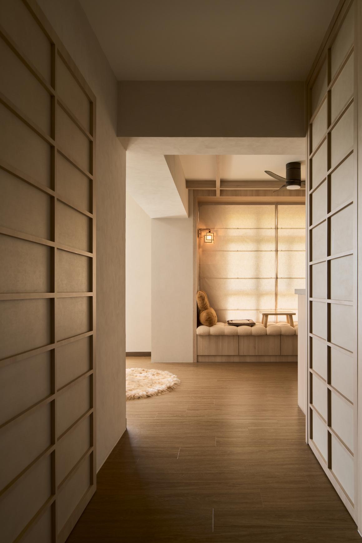 Scandinavian Hallway with Wood Flooring and Console Table