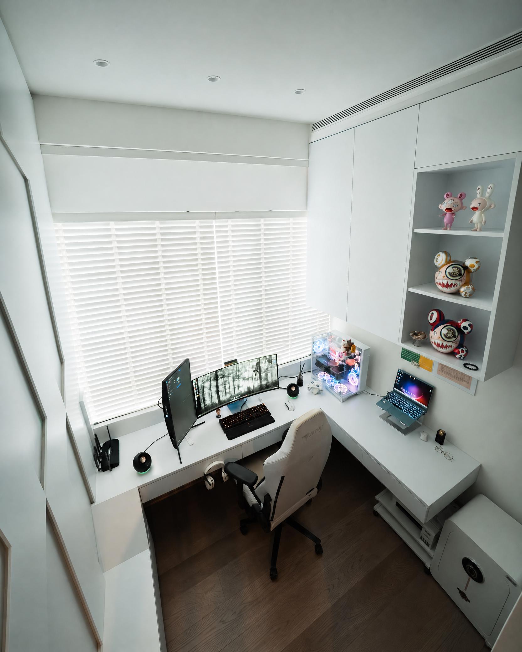 Modern Gaming Room with Desk Chairs and Storage Cabinets