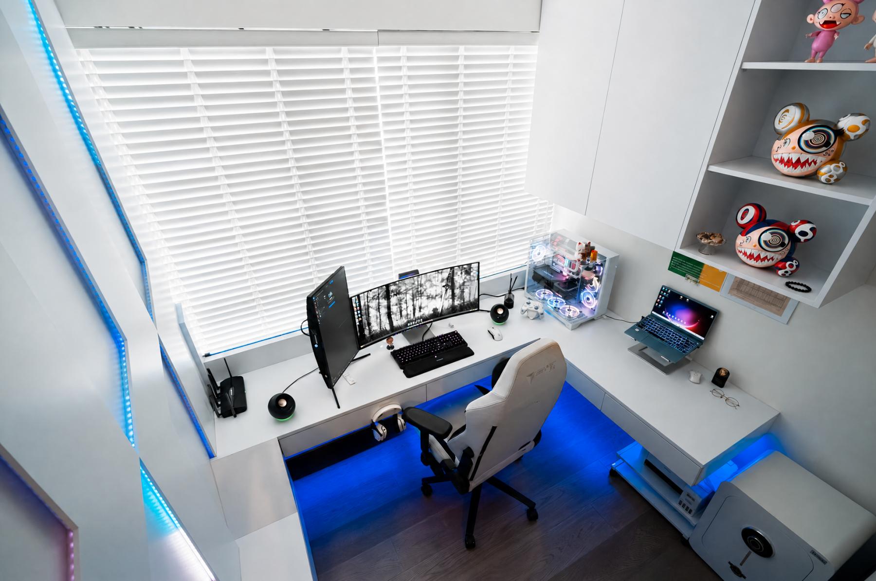 Modern Gaming Room with Display Cabinets and Computer