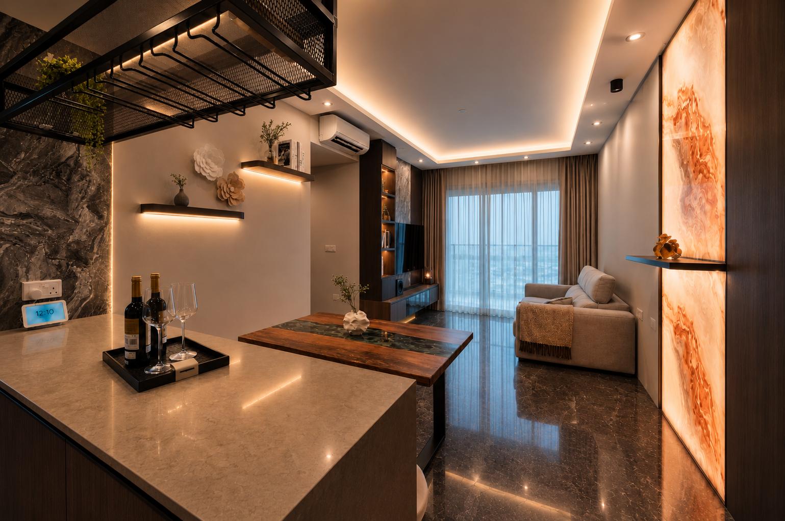 Modern Dining Room with Feature Wall and Ceiling Light