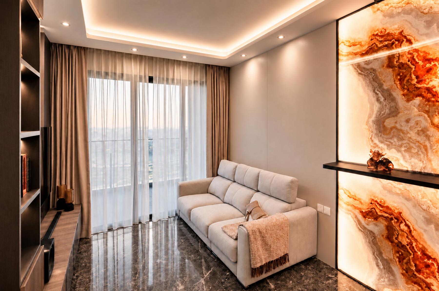 Modern Living Room with Bookshelf and TV Console