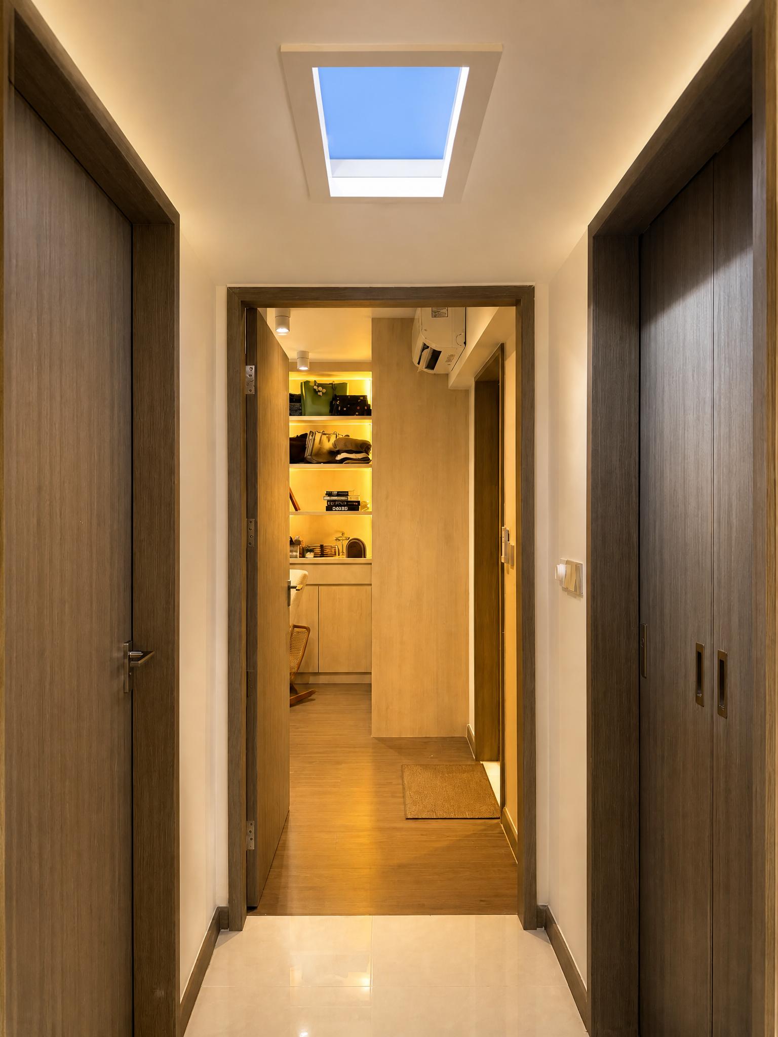Scandinavian Hallway with Cove Lighting and Ceiling Light
