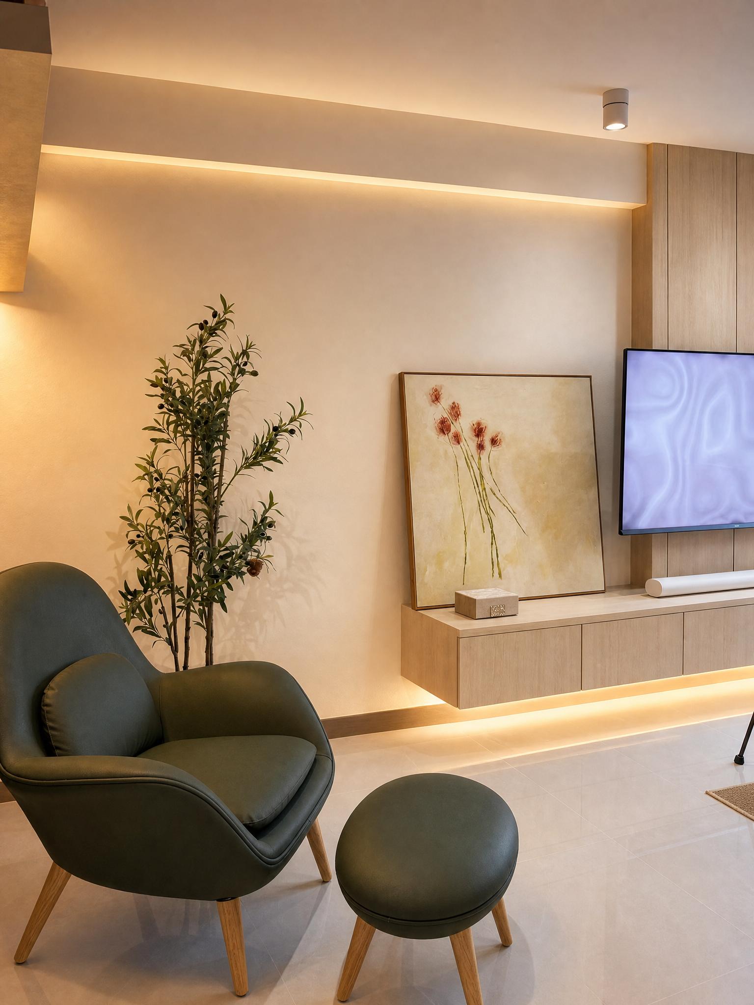 Scandinavian Living Room with Bookshelf and Paintings