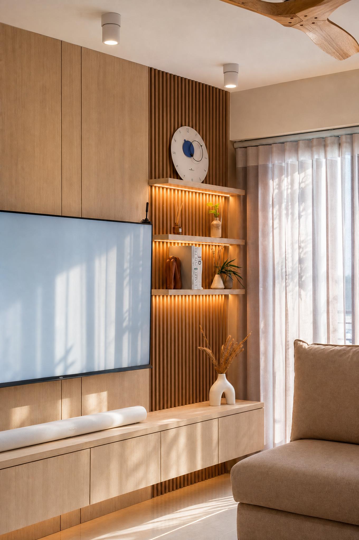 Scandinavian Living Room with TV Console and Ceiling Light