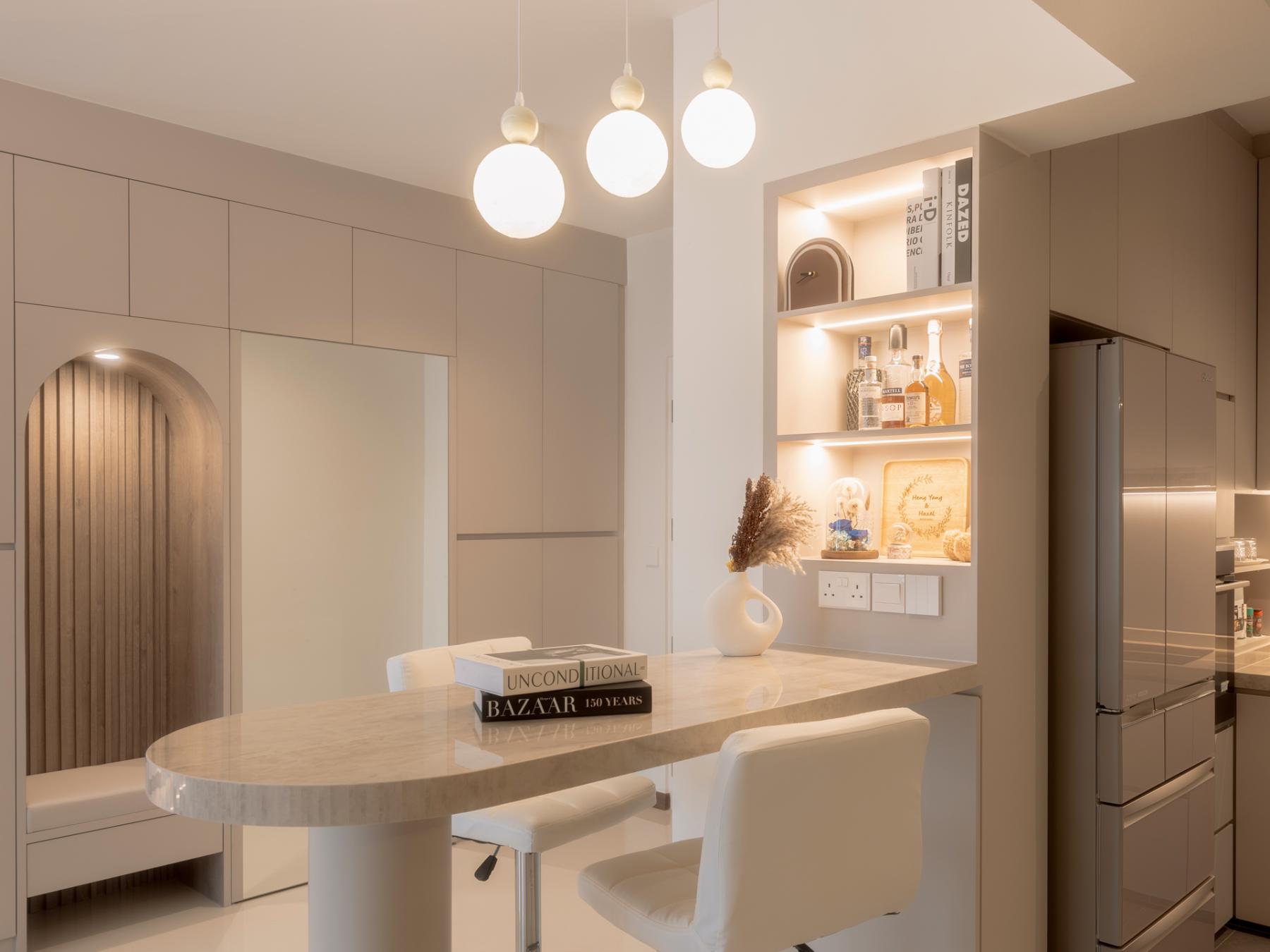 Minimalist Entryway with Settee and Breakfast Counter