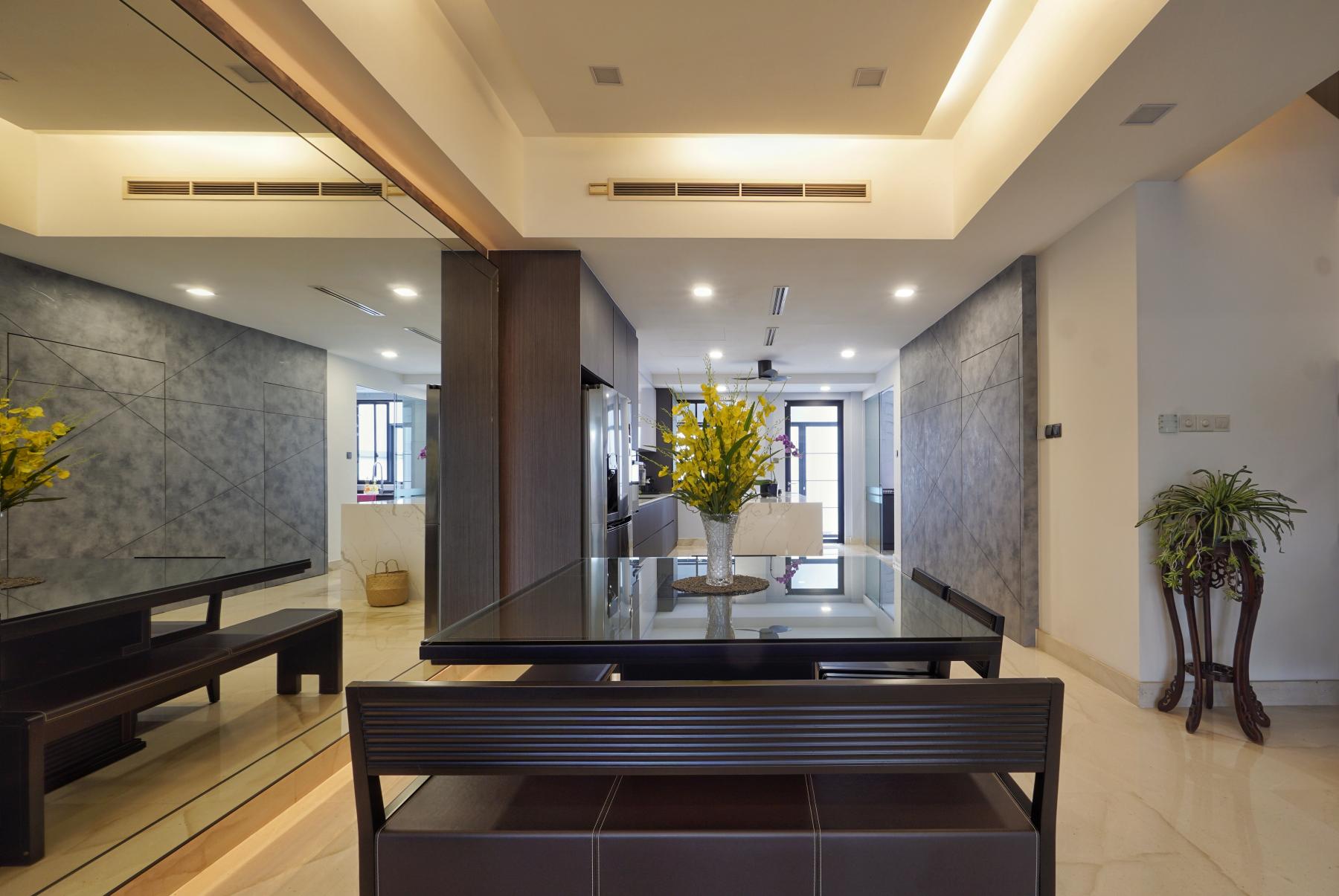 Minimalist Dining Room with Mirror and Cove Lighting