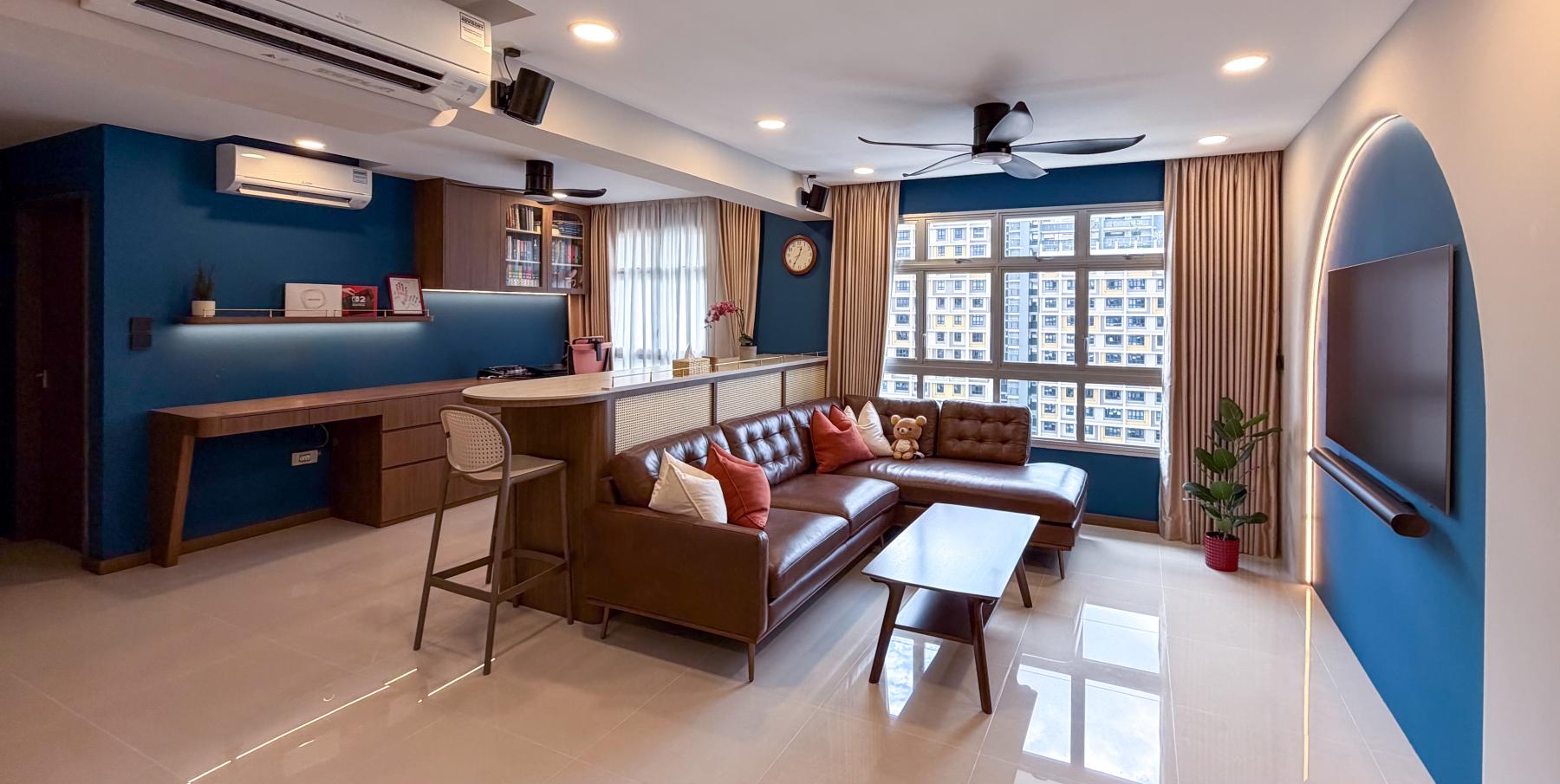 Asian Living Room with Countertop and Feature Wall