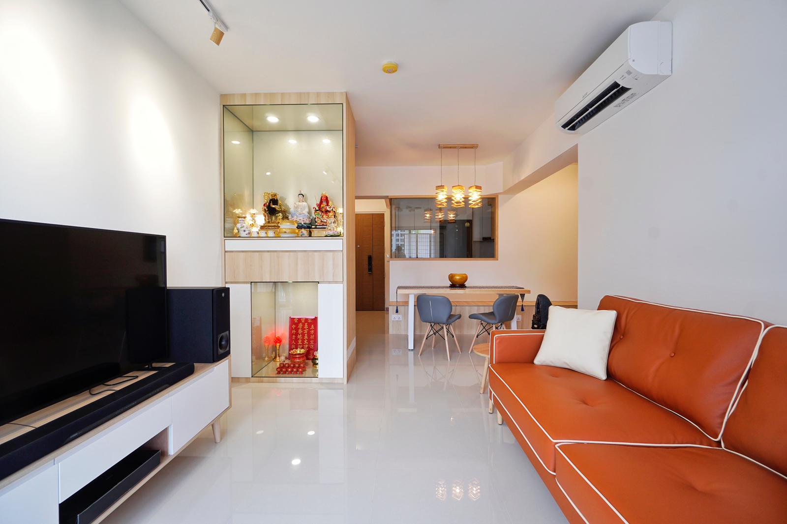 Asian Living Room with TV Console and Feature Wall