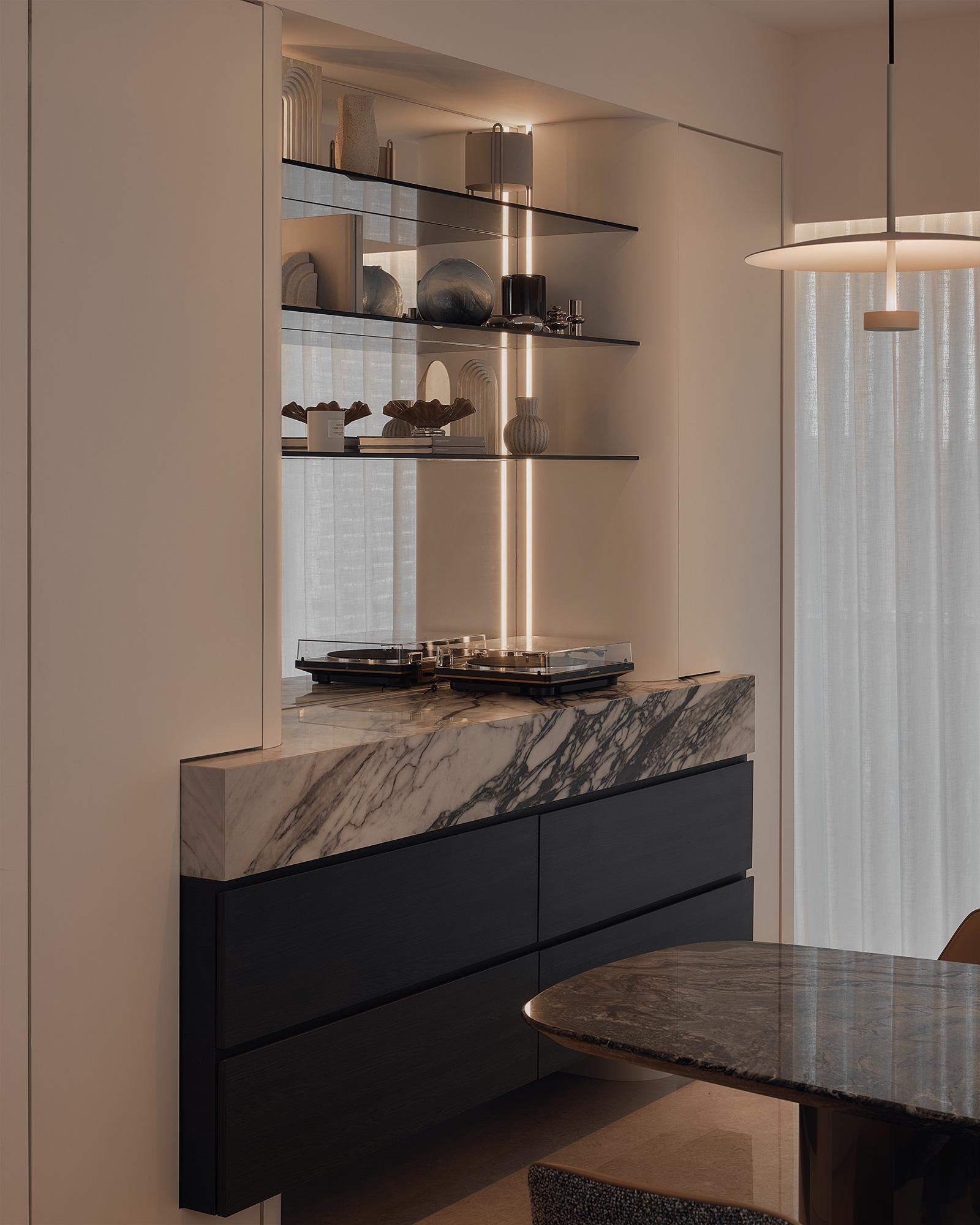 Contemporary Living Room with Countertop and Marble Floor