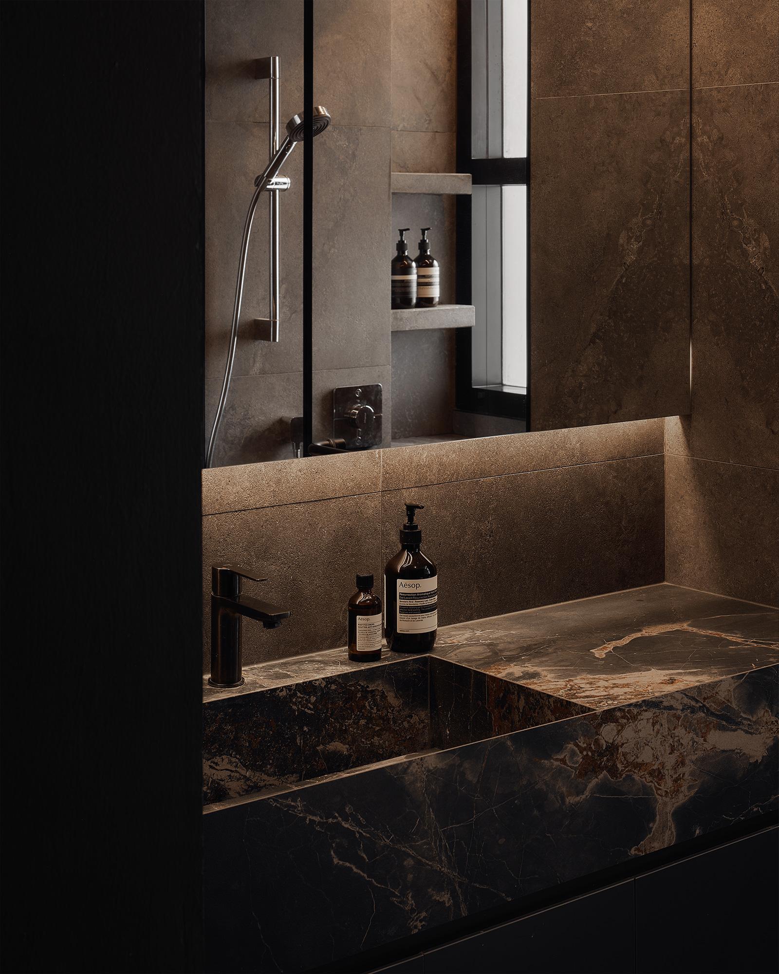 Contemporary Bathroom with Countertop and Homogeneous Tiles