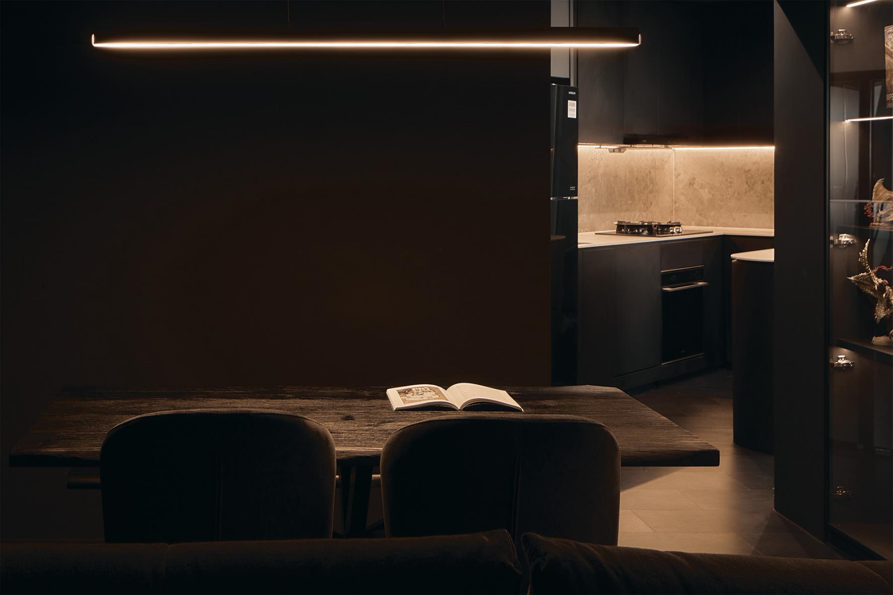 Contemporary Dining Room with Drop Light and Dining Table