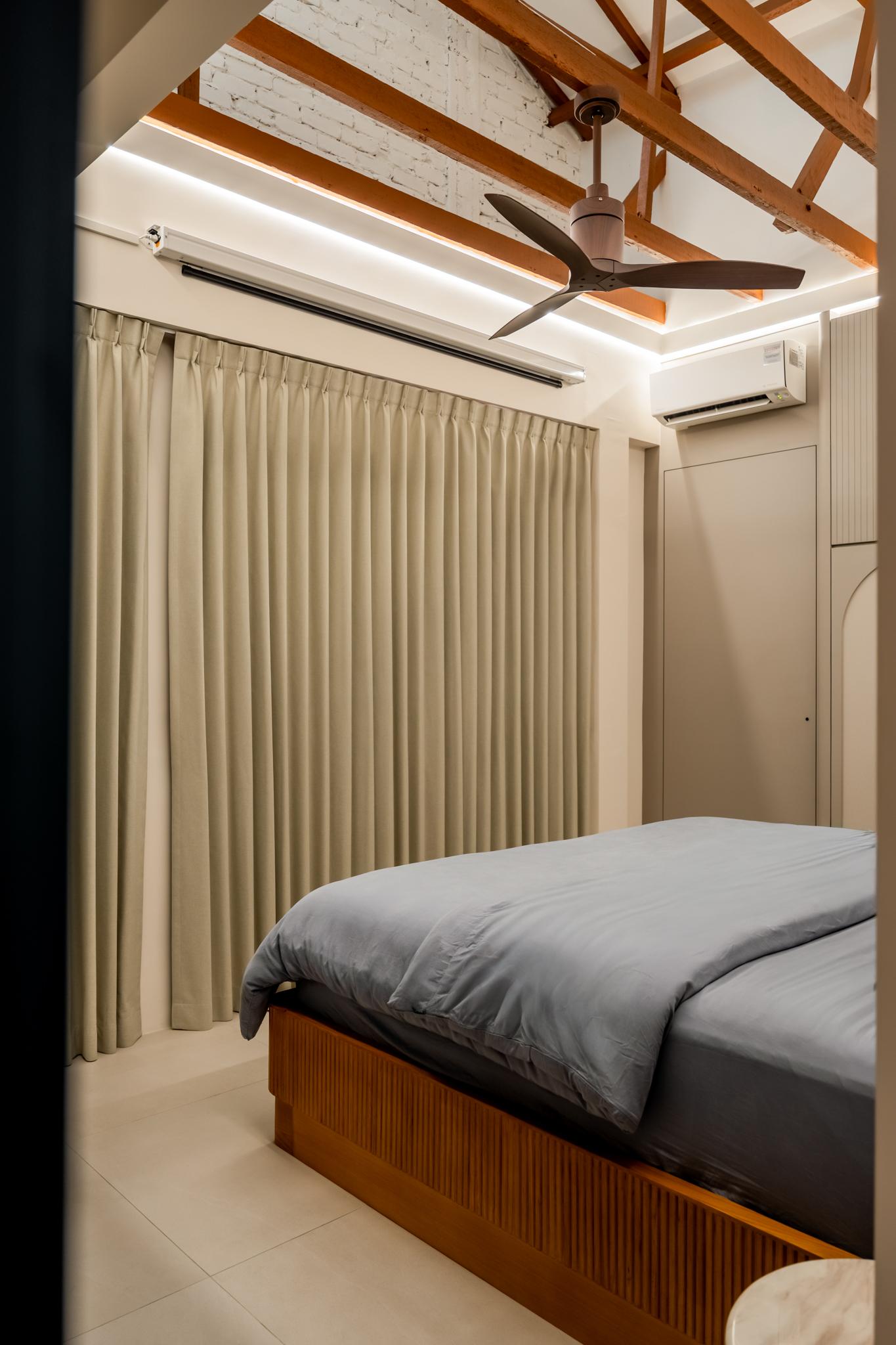 Eclectic Bedroom with Lighting and Blinds