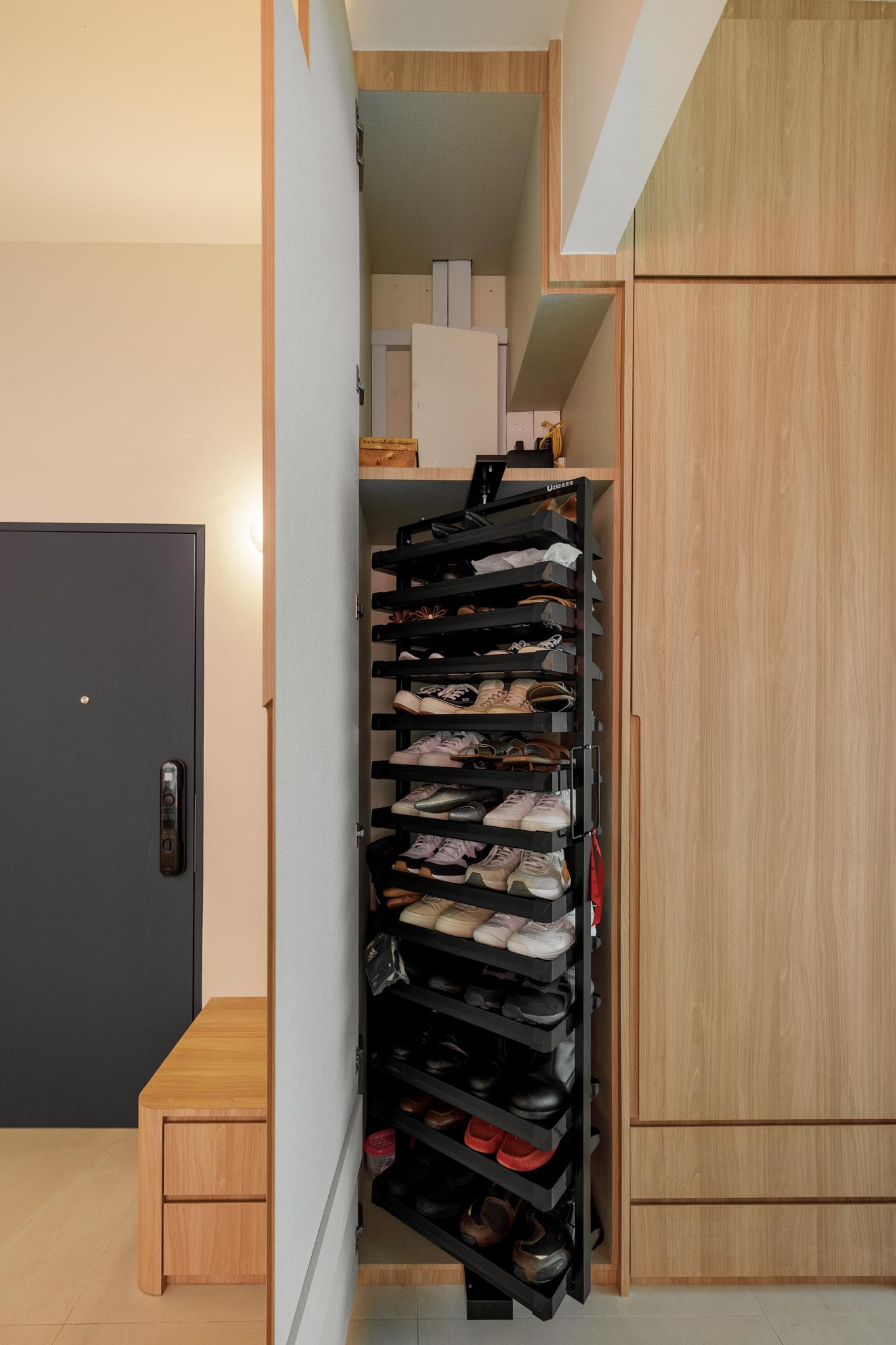 Eclectic Foyer with Shoe Rack and Shoe Cabinets