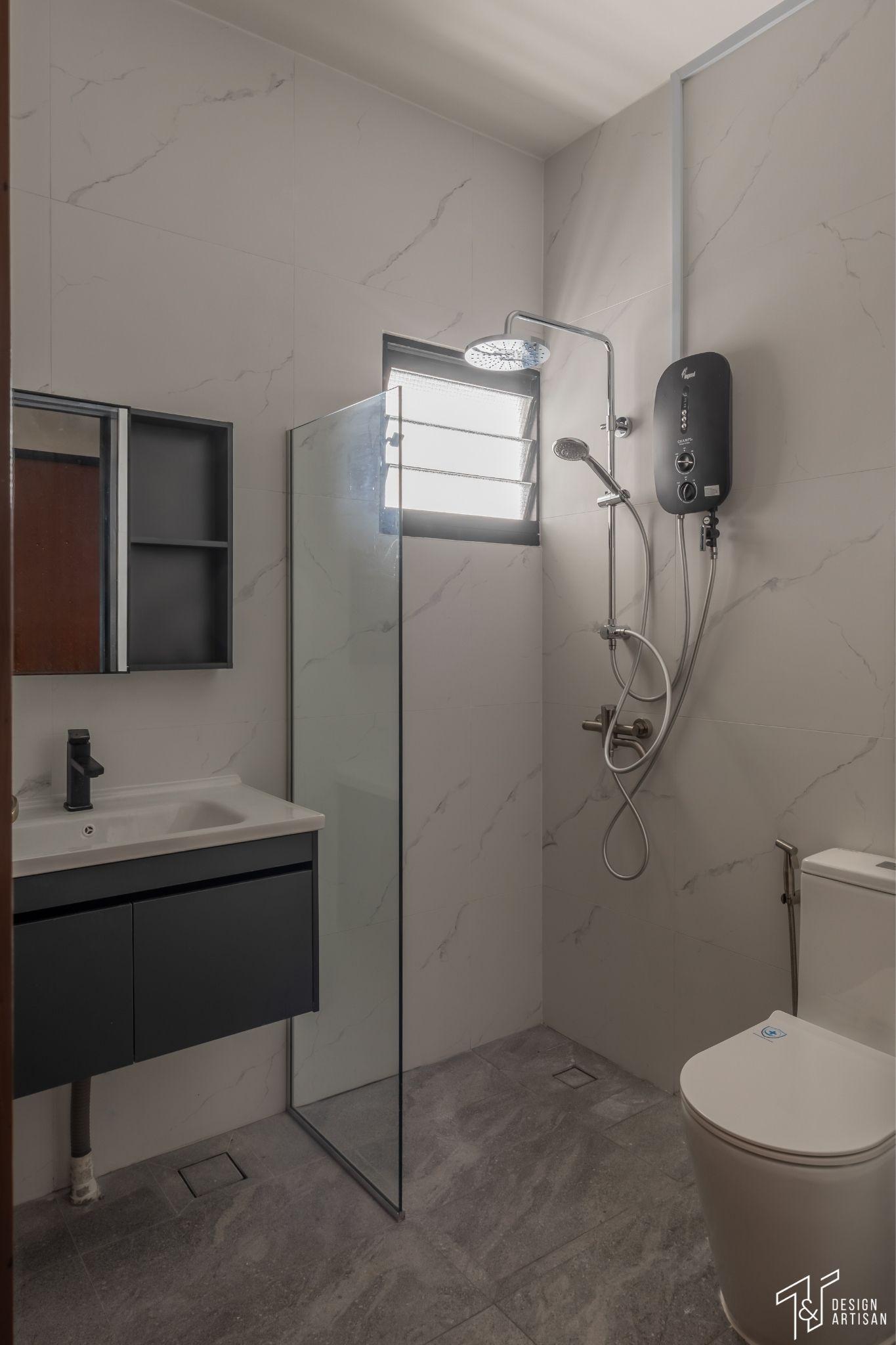 Scandinavian Bathroom with Showers and Flooring