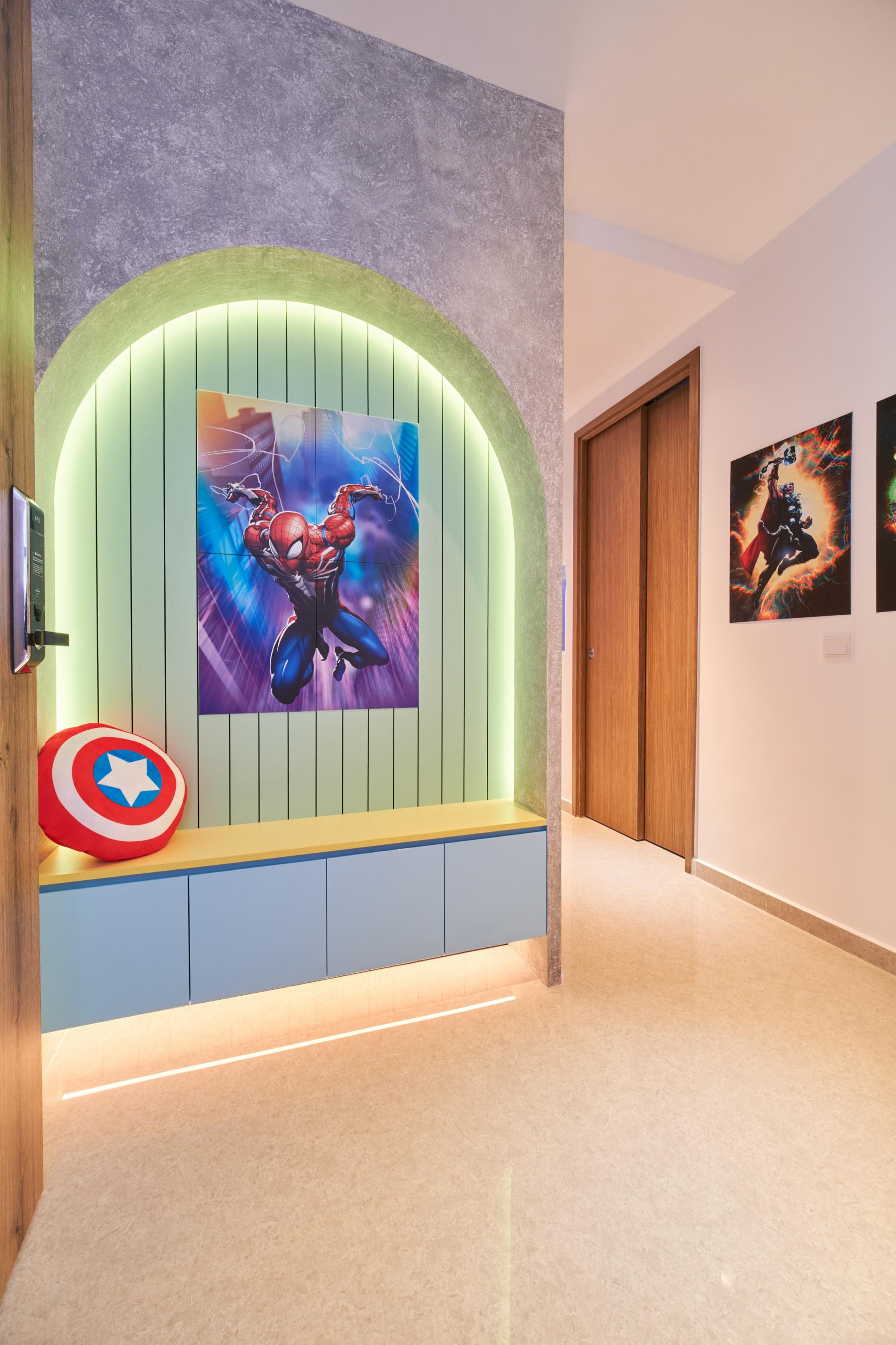 Eclectic Foyer with Settee and Artwork