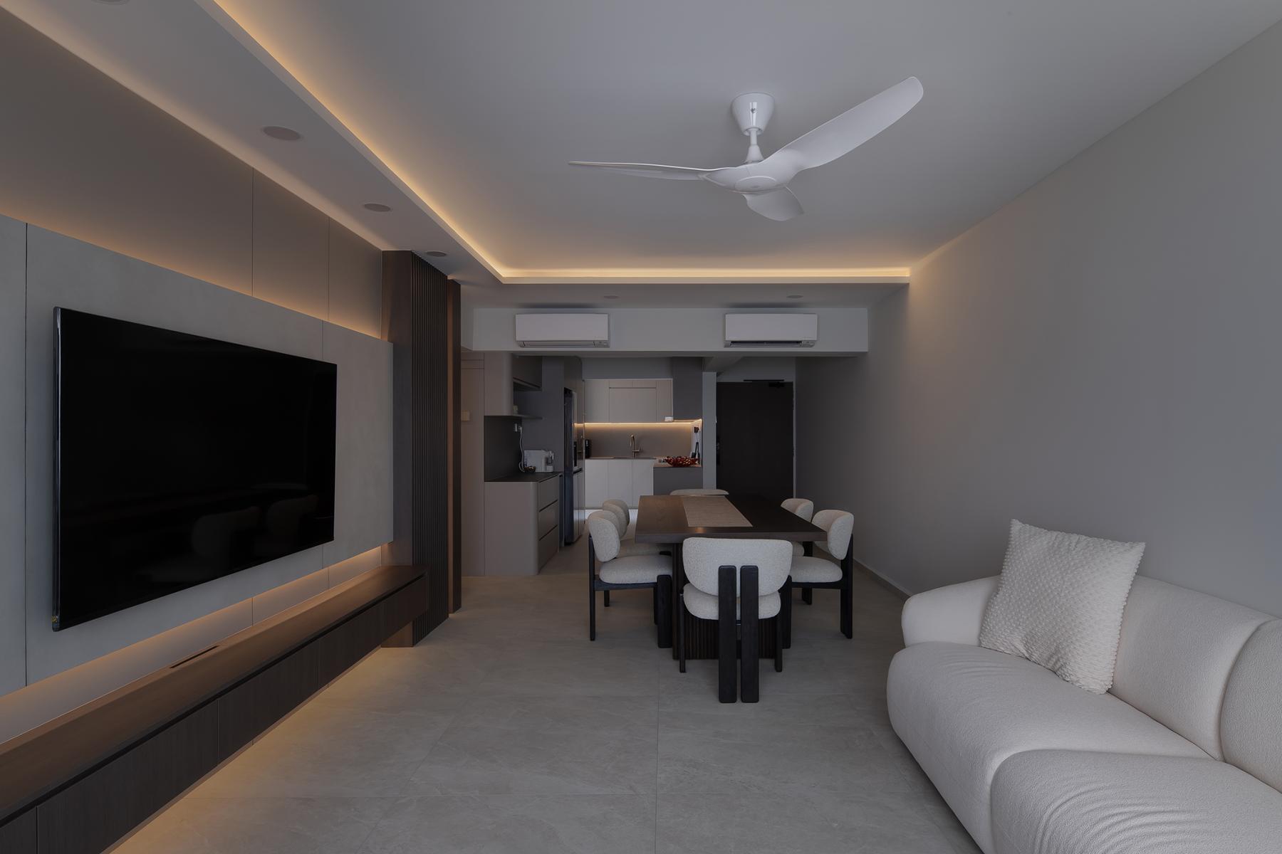 Contemporary Living Room with TV Console and Drop Ceiling