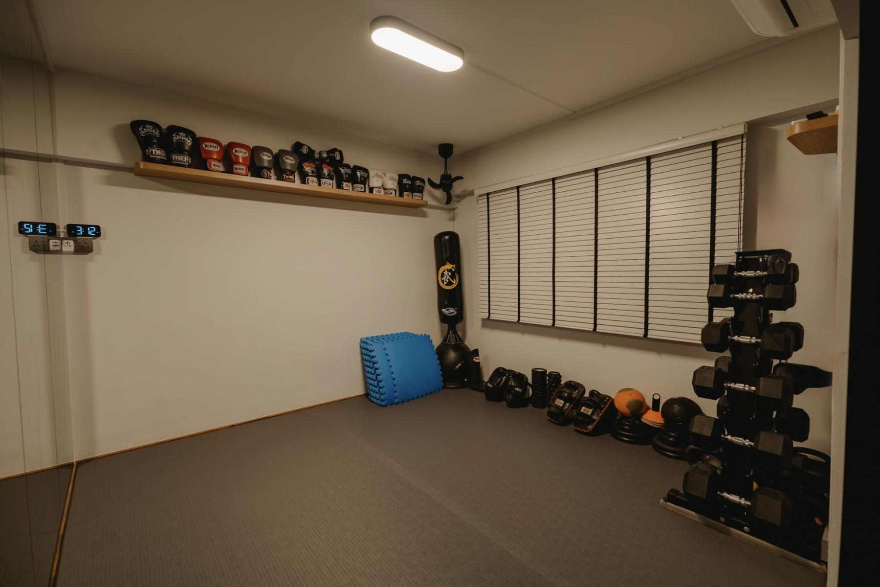 Scandinavian Home Gym with Seating Bench and Storage Cabinets