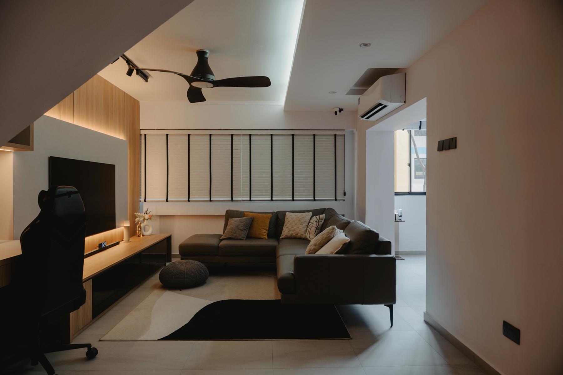 Scandinavian Living Room with TV Console and Feature Wall