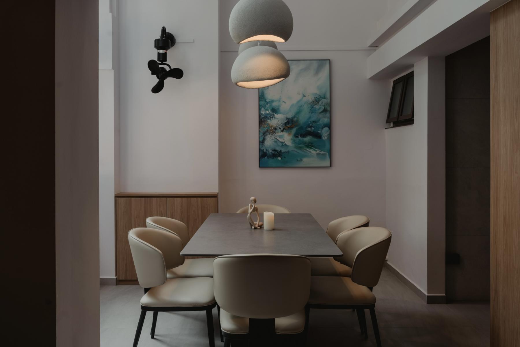 Scandinavian Dining Room with Drop Light and Cove Lighting
