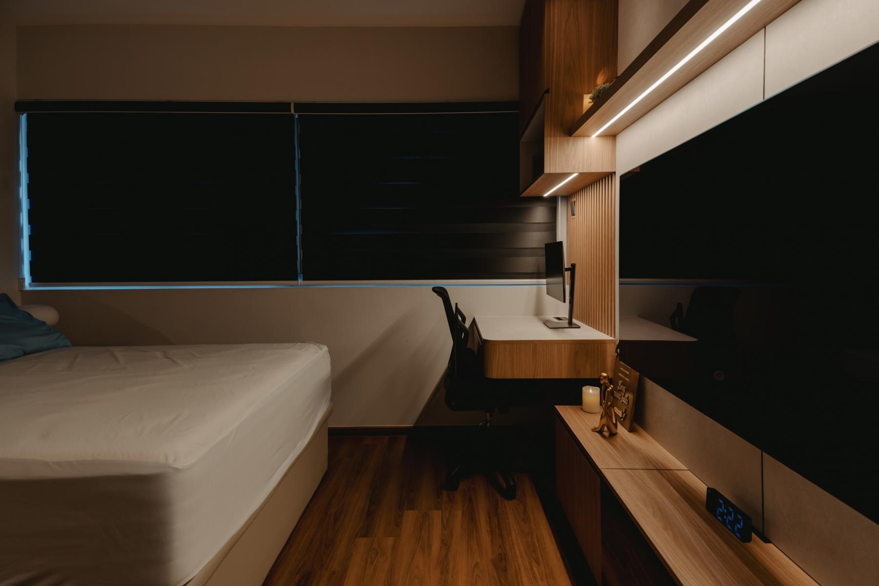 Scandinavian Bedroom with Bookshelf and Platform Bed