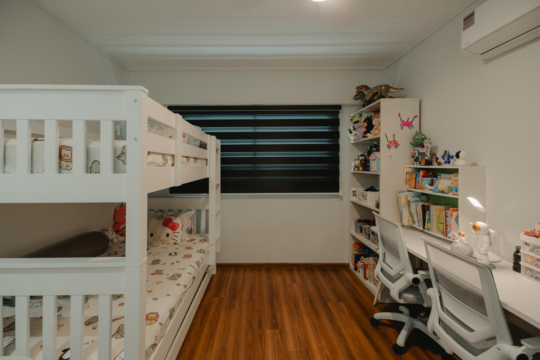 Scandinavian Bedroom with Bedside Table and Children's Beds