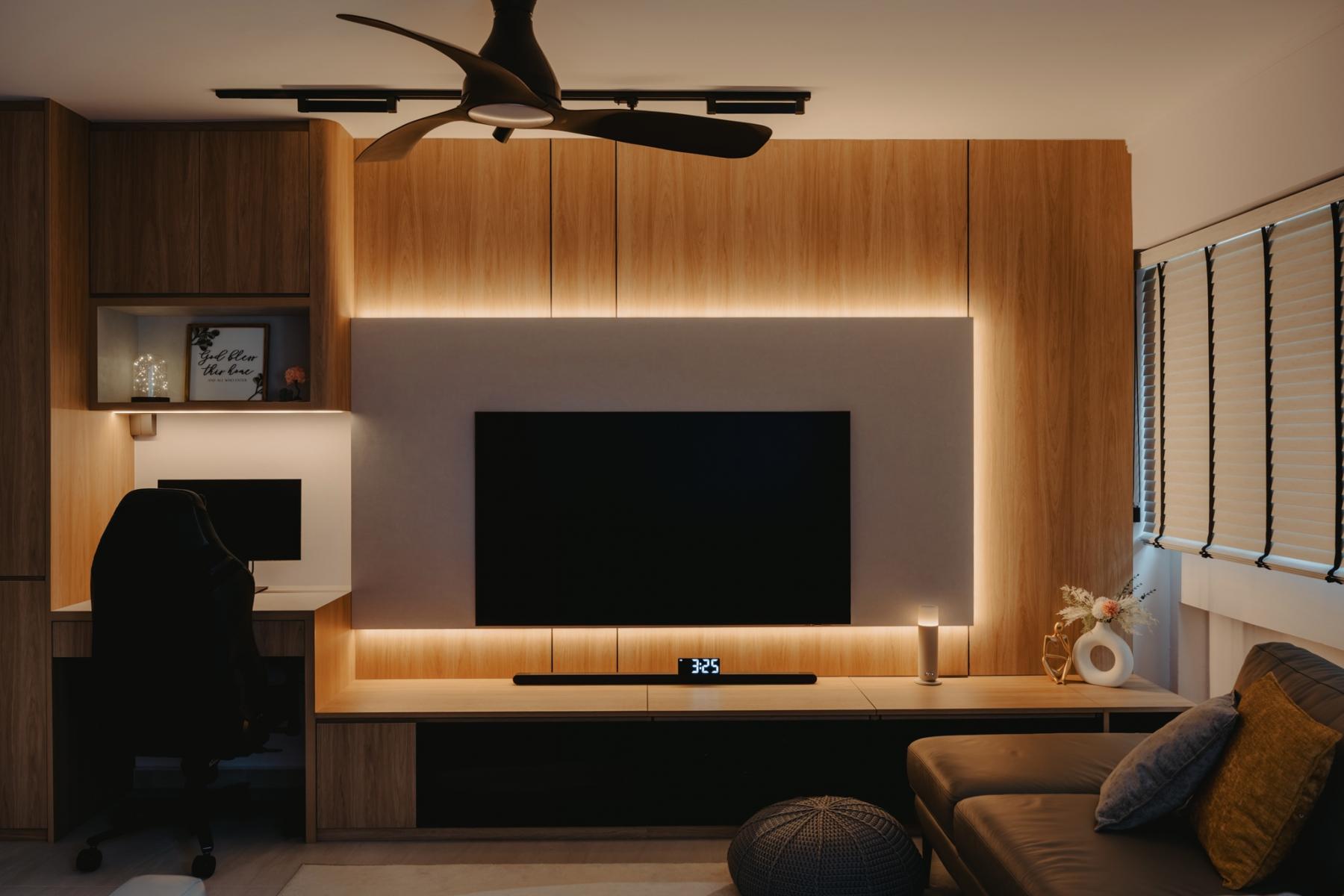 Scandinavian Living Room with TV Console and Feature Wall