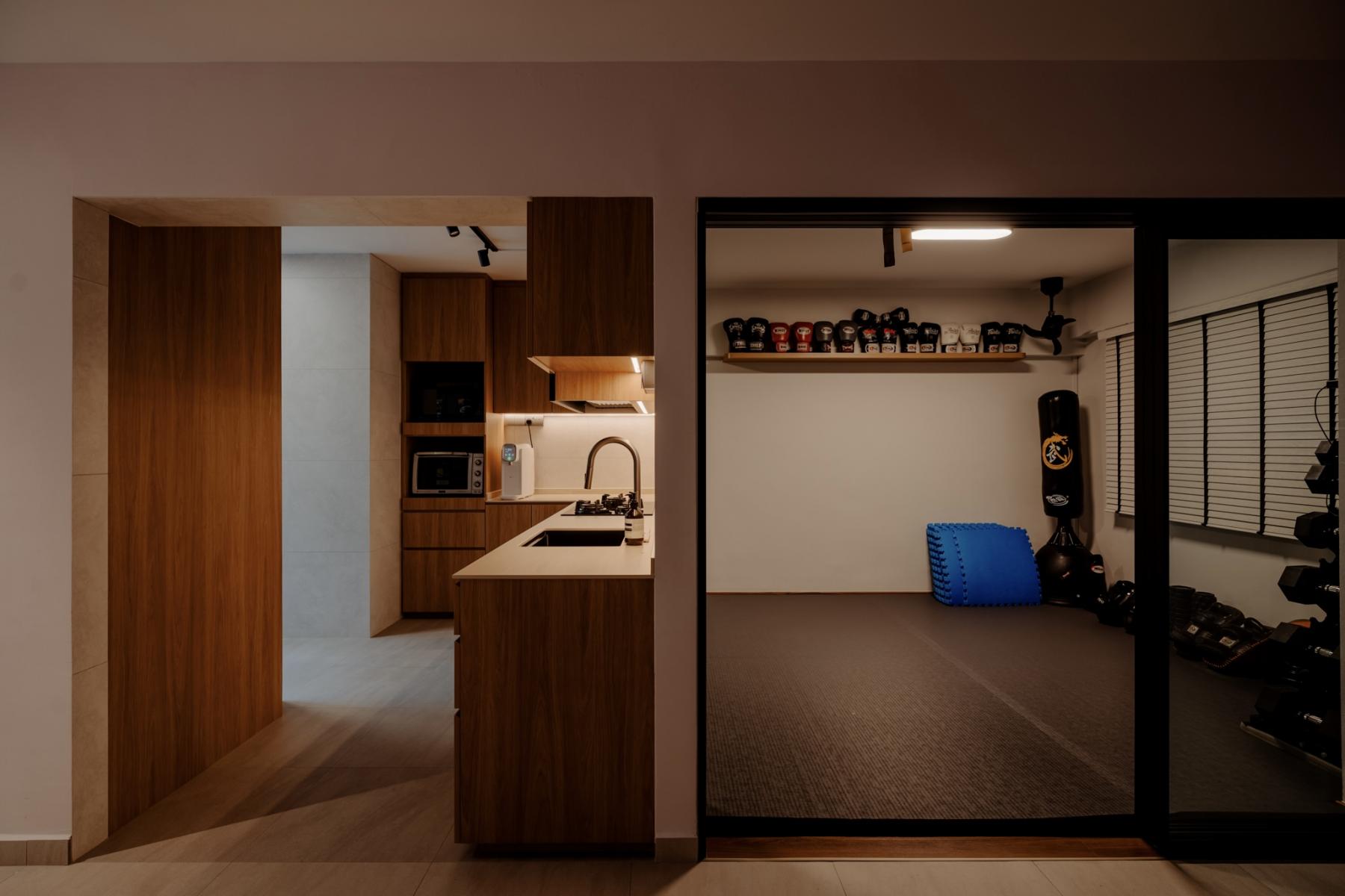 Scandinavian Home Gym with Seating Bench and Storage Cabinets