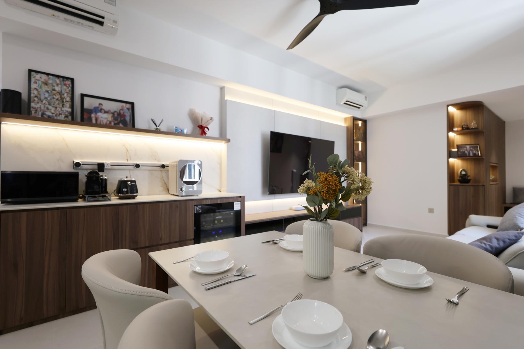 Minimalist Living Room with Homogeneous Tiles and TV Console