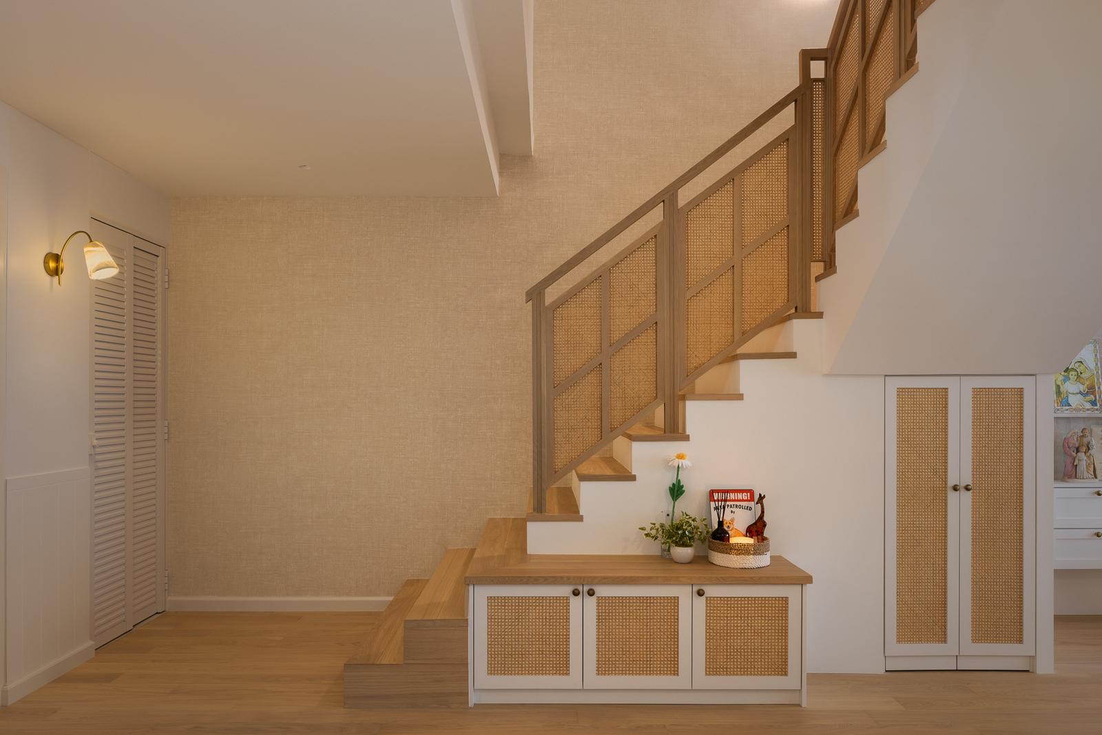 Contemporary Hallway with Wood Flooring and Staircase