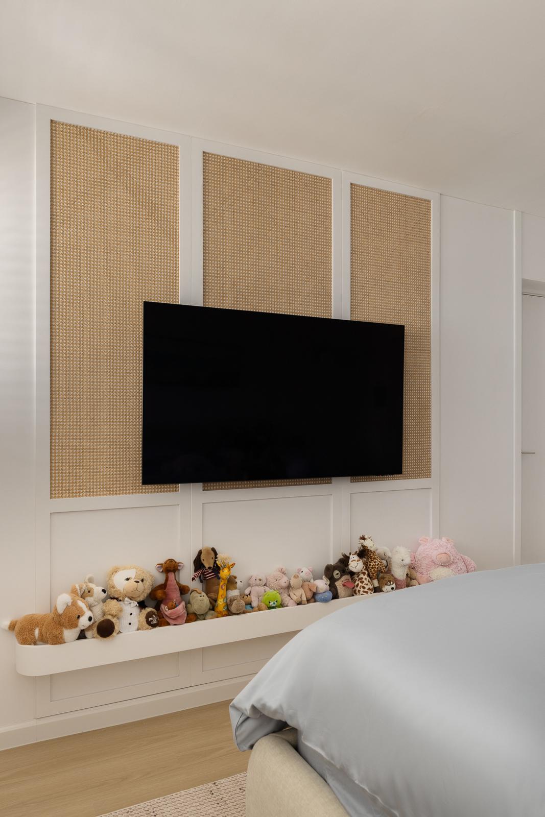 Contemporary Bedroom with Wood Flooring and Feature Wall