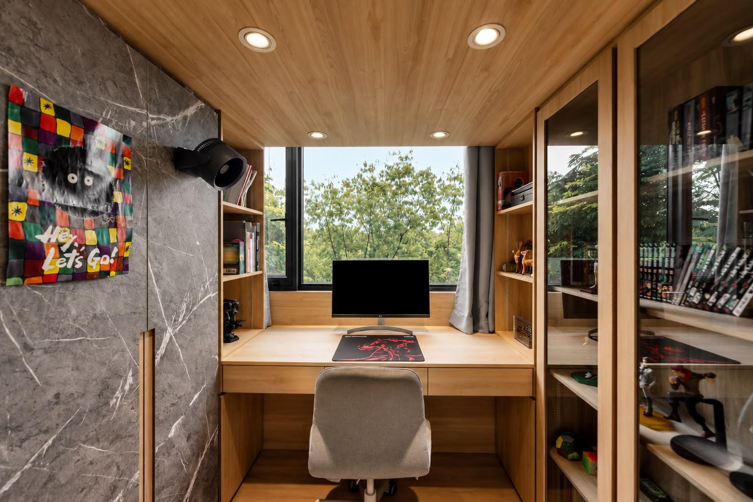 Asian Bedroom with Bookshelf and Wardrobe