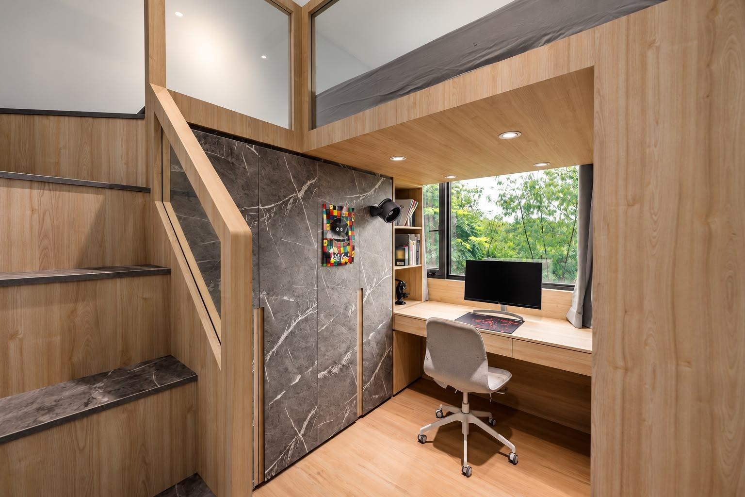 Asian Bedroom with Bookshelf and Platform Bed