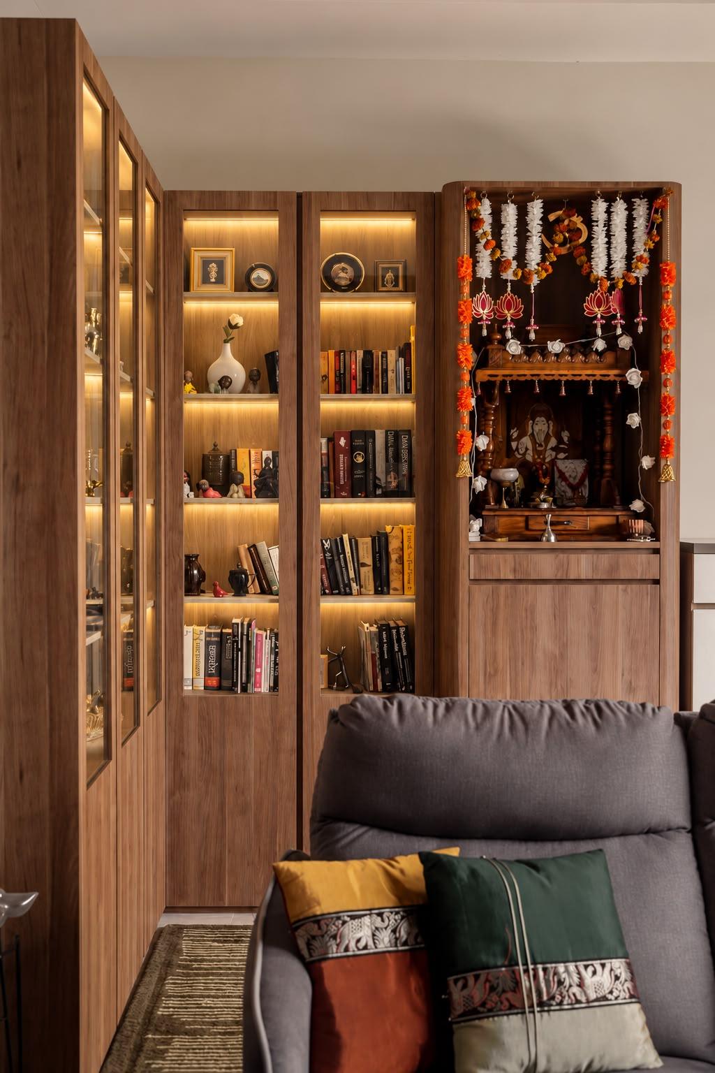 Asian Living Room with Bookshelf and Altar